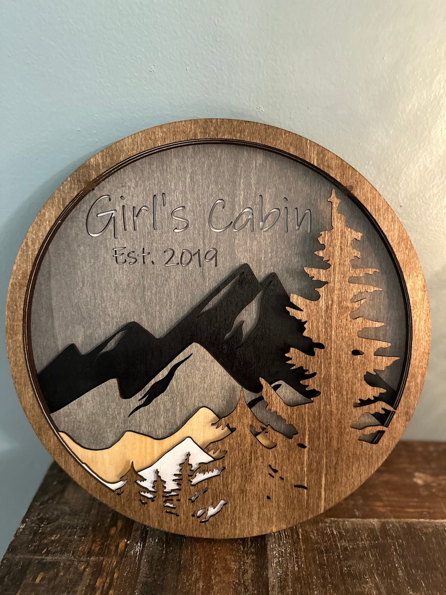 Custom Wood Layered Mountain View, Display Mountain, Outdoor Mountain Tree Custom Engraved, Personalized Name Date Unique Gift, Rustic