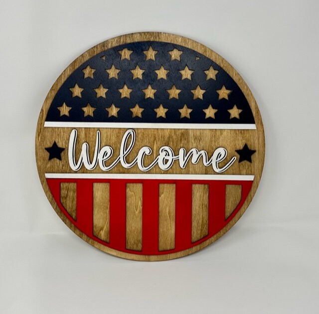 Patriotic Welcome Door Sign, USA Welcome Sign, 4th of July, Red White Blue Welcome Sign, Independence Day Flag Decor Door Hanger USA Flag