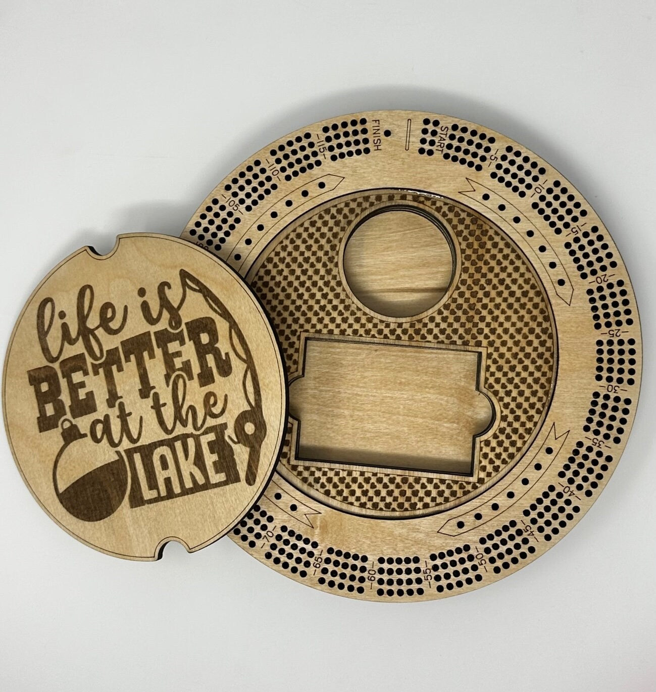 Custom Cribbage Board Life is Better at the Lake Round Cribbage Board Gift Lake House Cribbage Pegs Engraved Cribbage Game Lover Lake Lover
