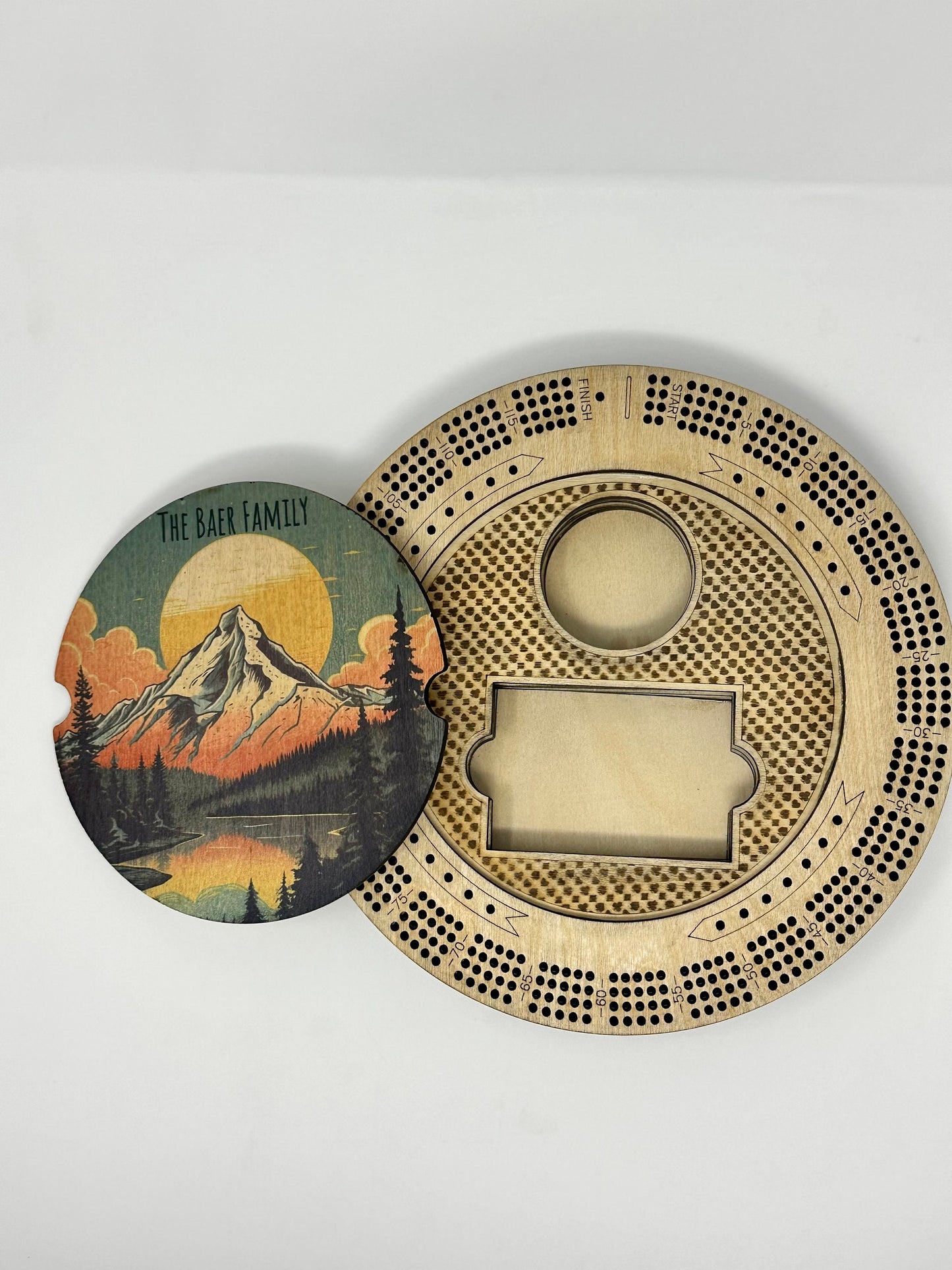 Custom Color Mountain Cribbage Board with Name, Mountain Sunset Lake, 4 Track Round with Pegs, Lake House, Unique Cribbage Board, Camping
