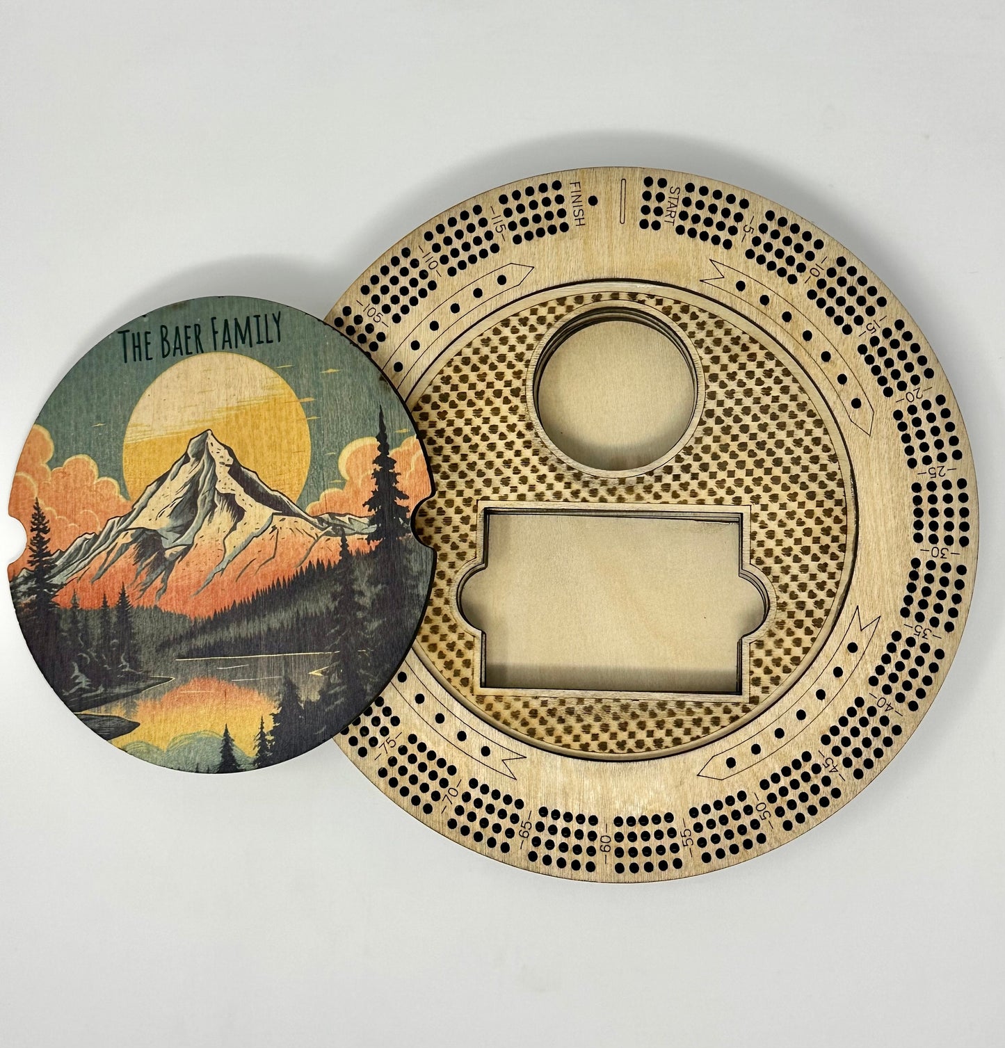 Custom Color Mountain Cribbage Board with Name, Mountain Sunset Lake, 4 Track Round with Pegs, Lake House, Unique Cribbage Board, Camping