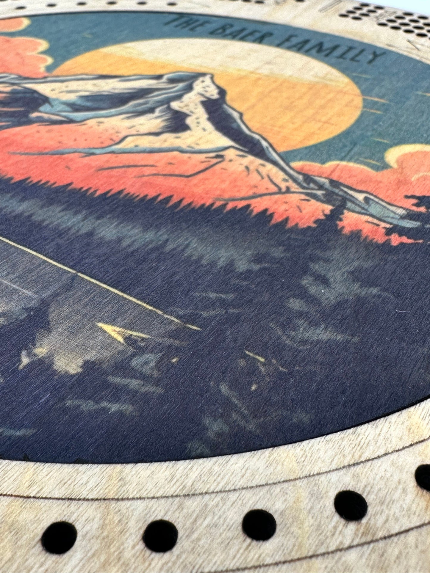 Custom Color Mountain Cribbage Board with Name, Mountain Sunset Lake, 4 Track Round with Pegs, Lake House, Unique Cribbage Board, Camping