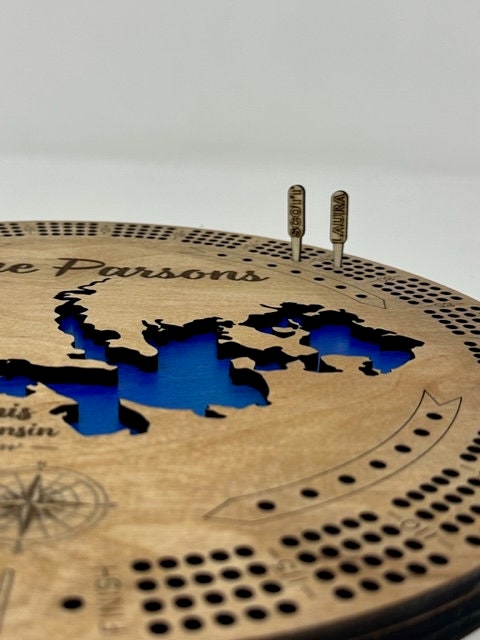 Custom Lake Cribbage Board with Name, Engraved Cribbage Board with Any Lake, 4 Track Round, Unique Cribbage Board, Custom Gift, Custom Lake