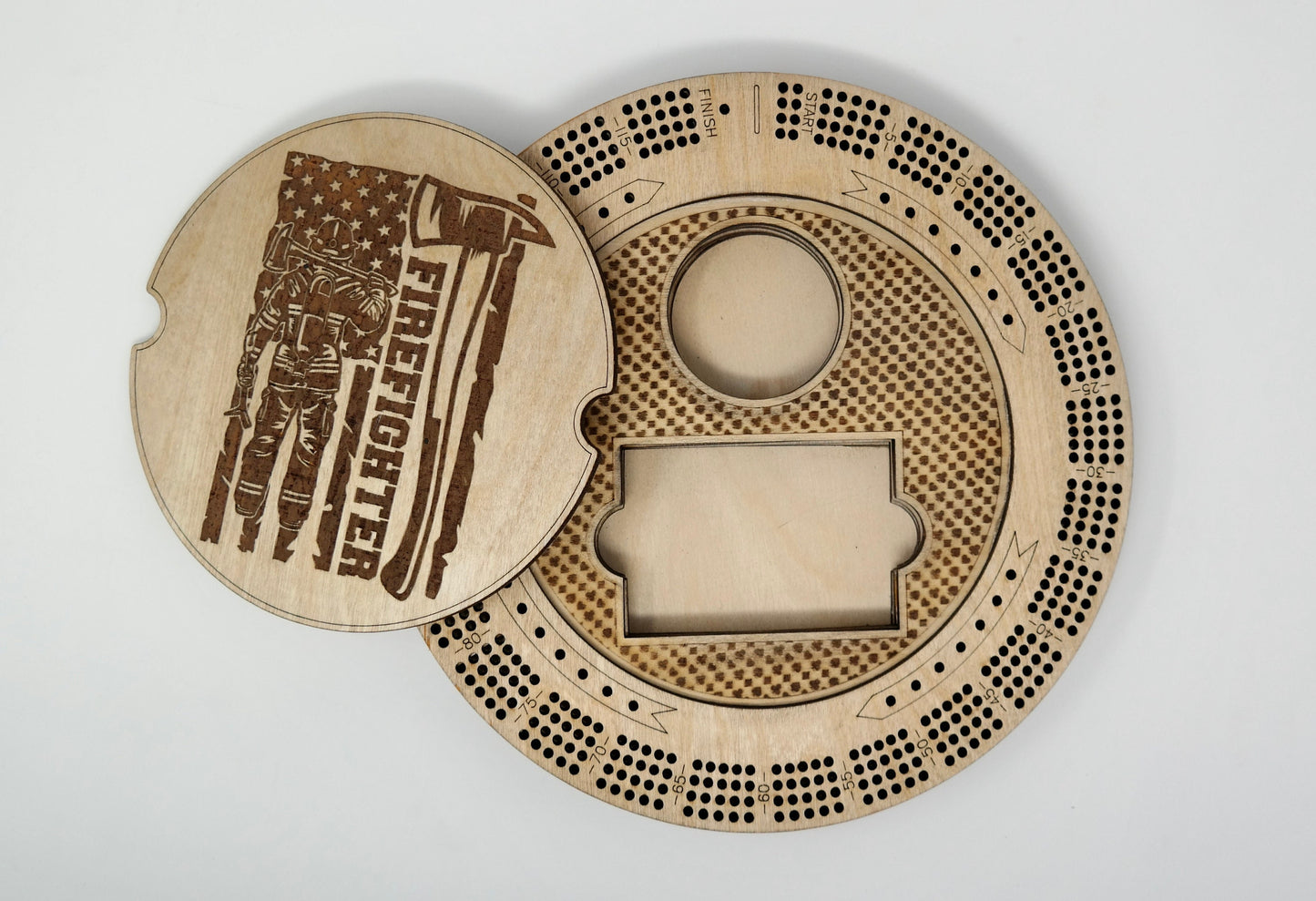 Firefighter Custom Cribbage Board with Name, Round Cribbage Board Lid, Firefighter personalized gift, Fire Flag Fireman Firefighter Gift