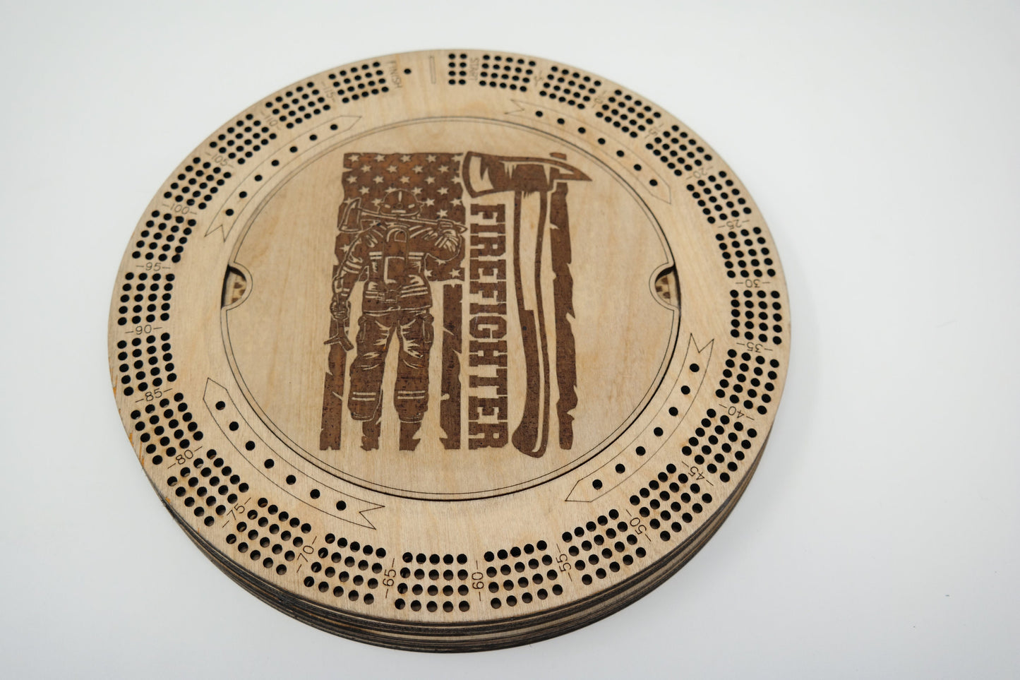 Firefighter Custom Cribbage Board with Name, Round Cribbage Board Lid, Firefighter personalized gift, Fire Flag Fireman Firefighter Gift