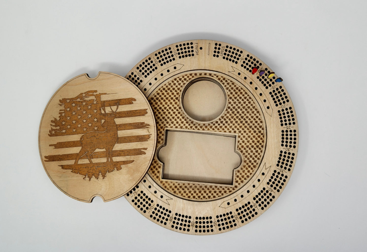 Deer with Flag Custom Cribbage Board With Name, Round Cribbage Board Pegs Engraved Hunting Flag Cribbage Board, Storage Patriotic Game Board