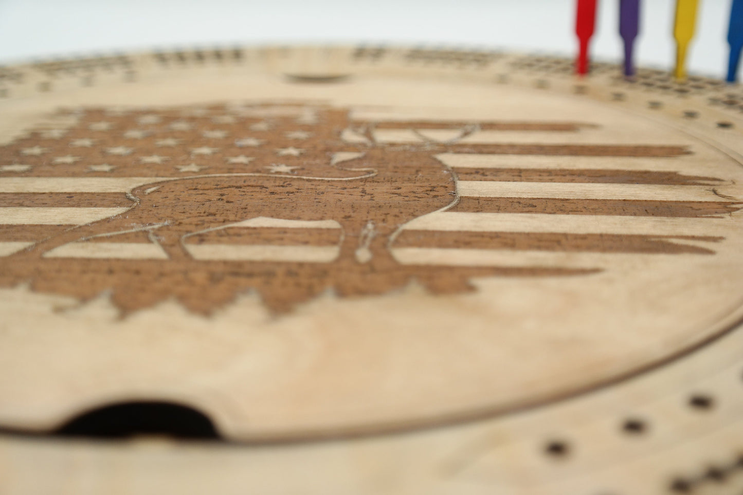 Deer with Flag Custom Cribbage Board With Name, Round Cribbage Board Pegs Engraved Hunting Flag Cribbage Board, Storage Patriotic Game Board