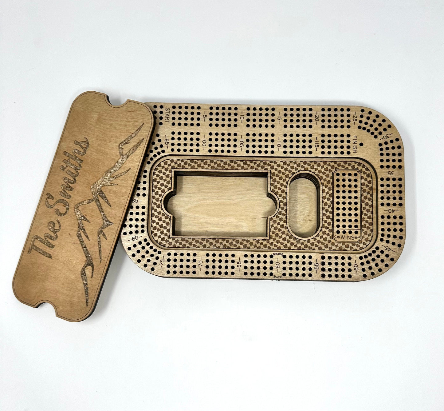 Custom Travel Size Cribbage Board With Name and storage, Engraved 4 Track Cribbage Board with Mountain with Lid, Game Board Game Lover