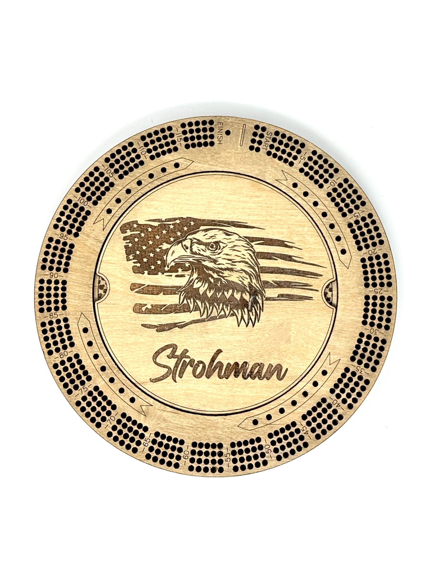 Custom Cribbage Board, USA Flag Eagle Round Military Cribbage Board with Name, Patriotic Cribbage Board with Pegs, 4 Track Unique Gift