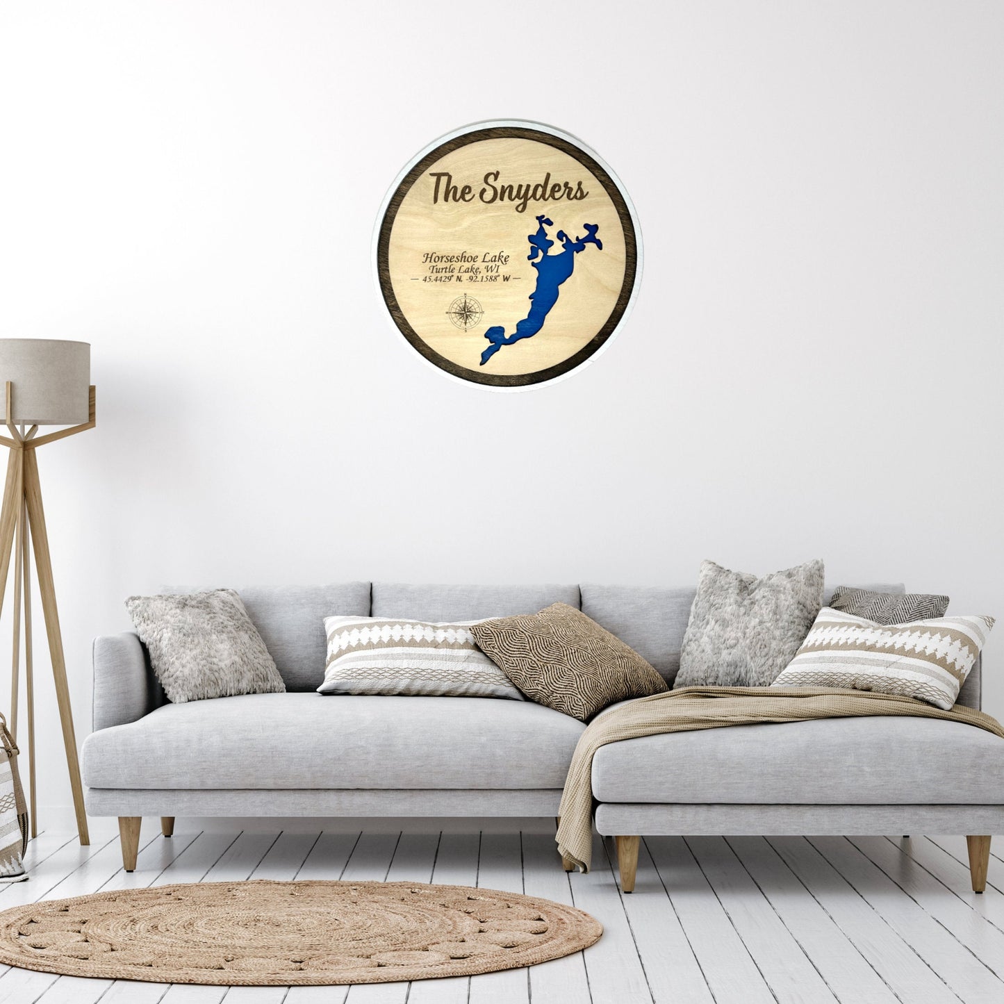 Custom Round Lake Map Sign with Name Coordinates Compass 3D Any Lake Wall Art Lake Lover Lake House Warming Gift Personalized Gift Engraved