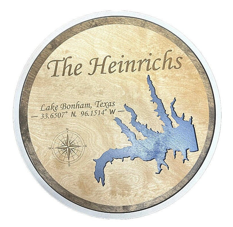 Custom Round Lake Map Sign with Name Coordinates Compass 3D Any Lake Wall Art Lake Lover Lake House Warming Gift Personalized Gift Engraved