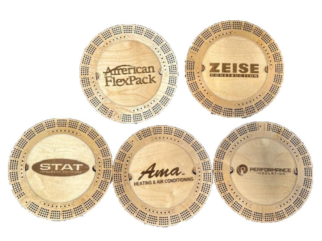 Company Logo Cribbage Board, Corporate Gift, Employee Gift Round Cribbage Board with Name, Logo, pegs, 4 Track Cribbage Board Family game