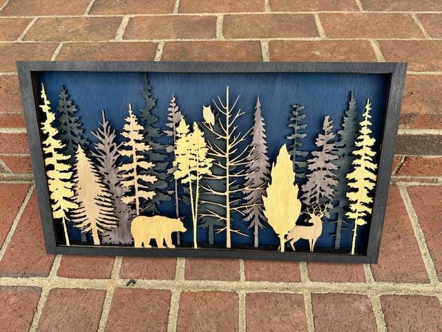 Multi Layer Wood Forest Wall Art, Trees Wildlife Wall Art, 3D Wall Decor, Unique Wall Art, Uncommon Wall Art, Art Gift, Art Lover