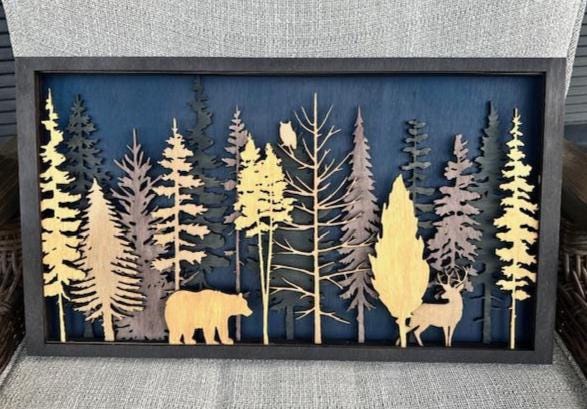 Multi Layer Wood Forest Wall Art, Trees Wildlife Wall Art, 3D Wall Decor, Unique Wall Art, Uncommon Wall Art, Art Gift, Art Lover
