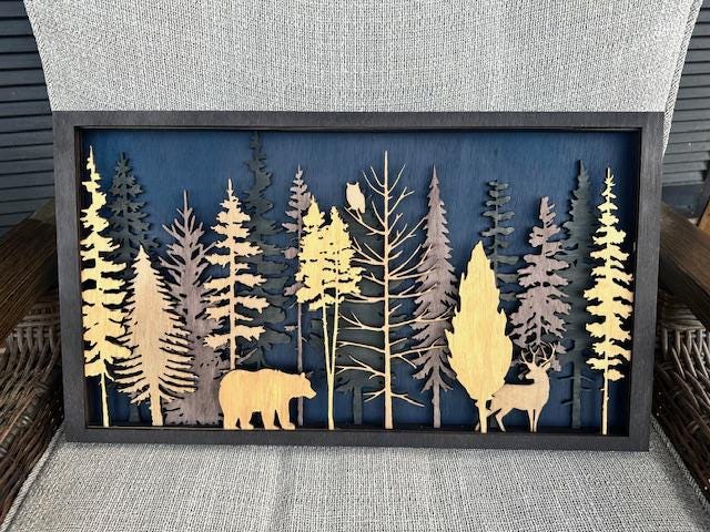 Multi Layer Wood Forest Wall Art, Trees Wildlife Wall Art, 3D Wall Decor, Unique Wall Art, Uncommon Wall Art, Art Gift, Art Lover