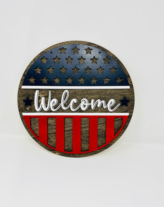 Patriotic Welcome Door Sign, USA Welcome Sign, 4th of July, Red White Blue Welcome Sign, Independence Day Flag Decor Door Hanger USA Flag