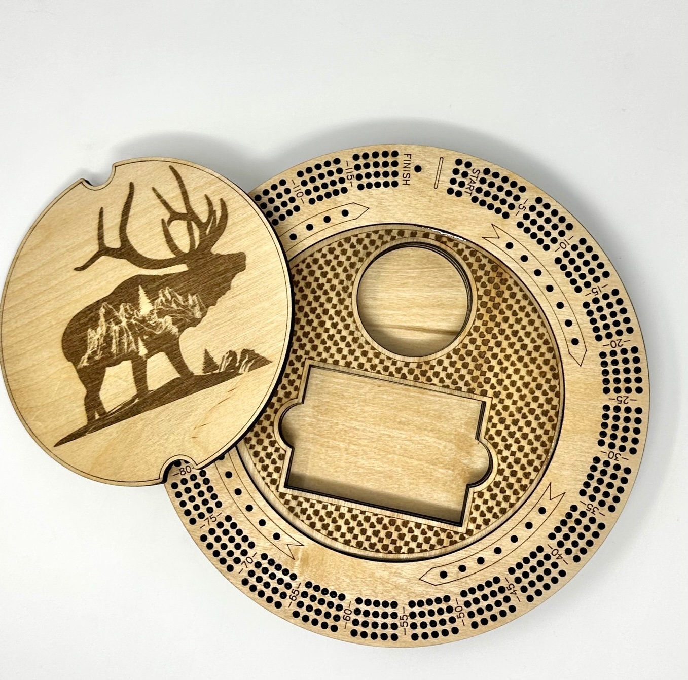 Custom Cribbage Board Moose Elk Buck Mountains Hunting Round Cribbage Board 4 Track Cribbage Board with Pegs Game Board Lover Unique Gift