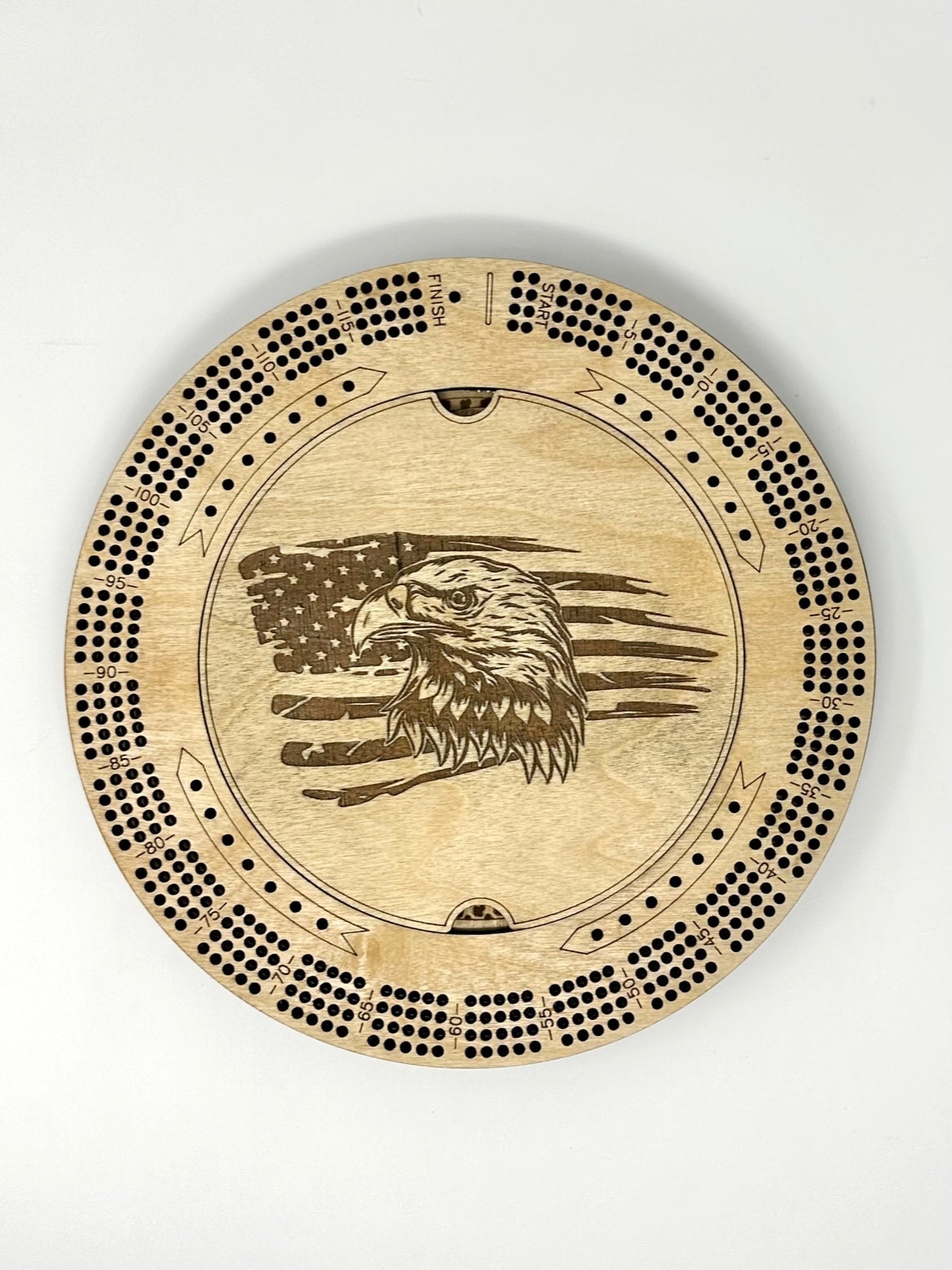 Custom Cribbage Board, USA Flag Eagle Round  Military Cribbage Board with Name, Patriotic Cribbage Board with Pegs, 4 Track Unique Gift