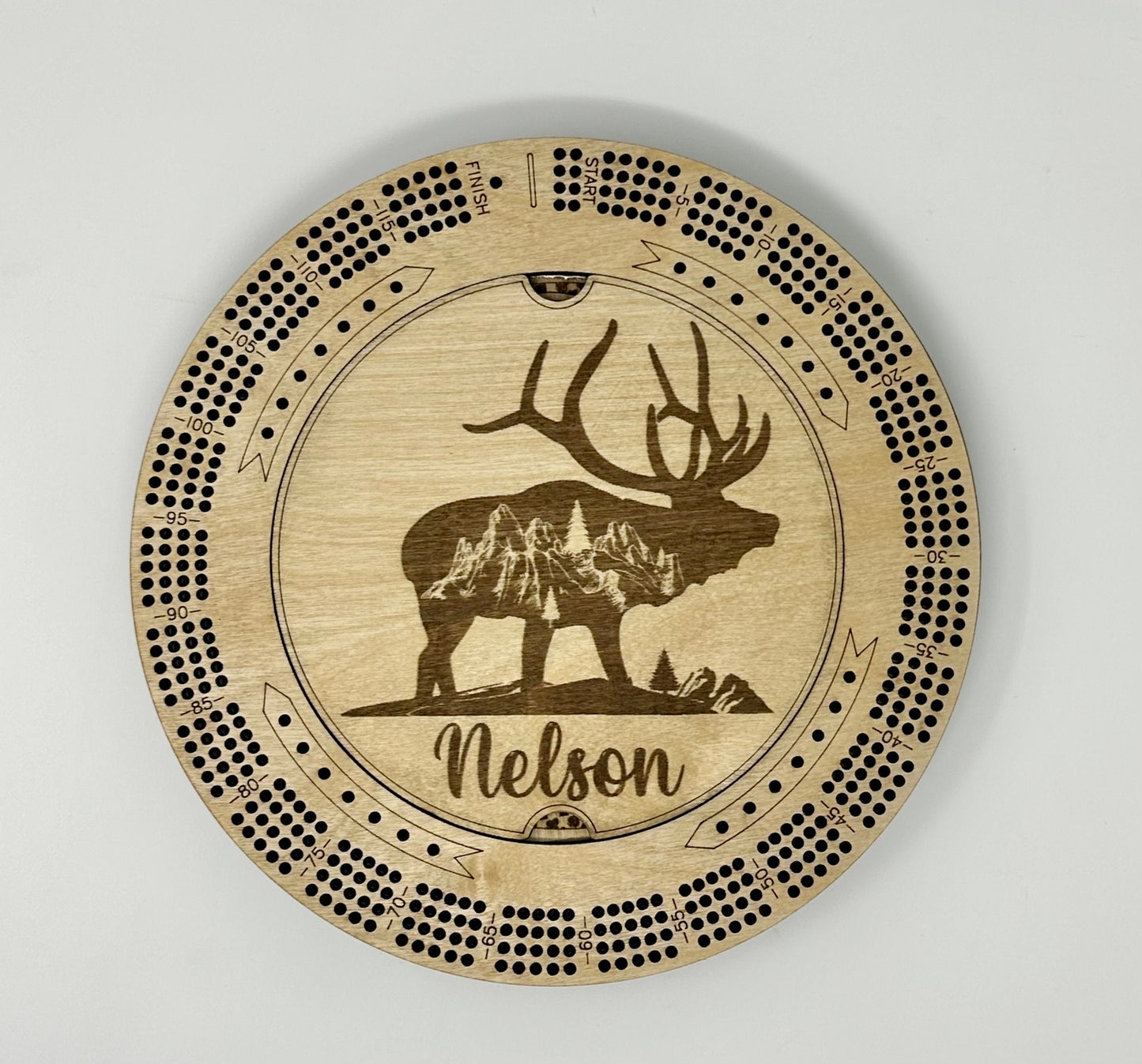 Custom Cribbage Board Moose Elk Buck Mountains Hunting Round Cribbage Board 4 Track Cribbage Board with Pegs Game Board Lover Unique Gift