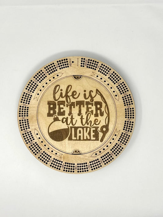 Custom Cribbage Board Life is Better at the Lake Round Cribbage Board Gift Lake House  Cribbage Pegs Engraved Cribbage Game Lover Lake Lover