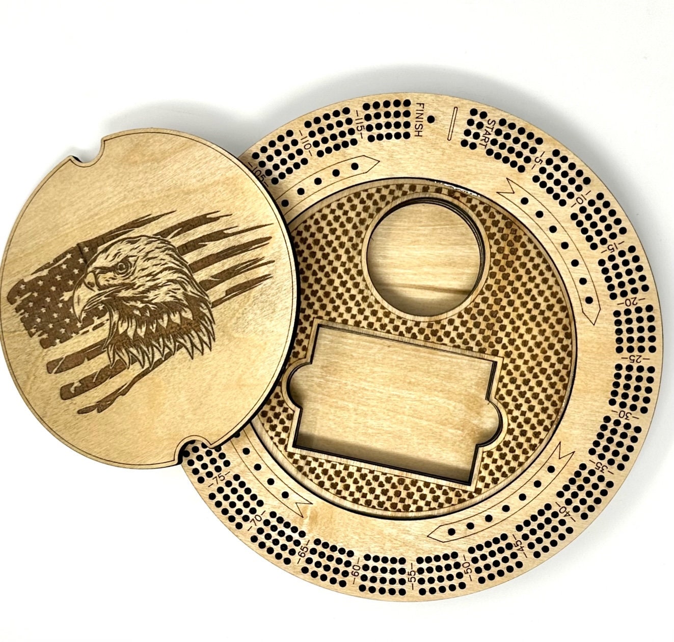 Custom Cribbage Board, USA Flag Eagle Round  Military Cribbage Board with Name, Patriotic Cribbage Board with Pegs, 4 Track Unique Gift