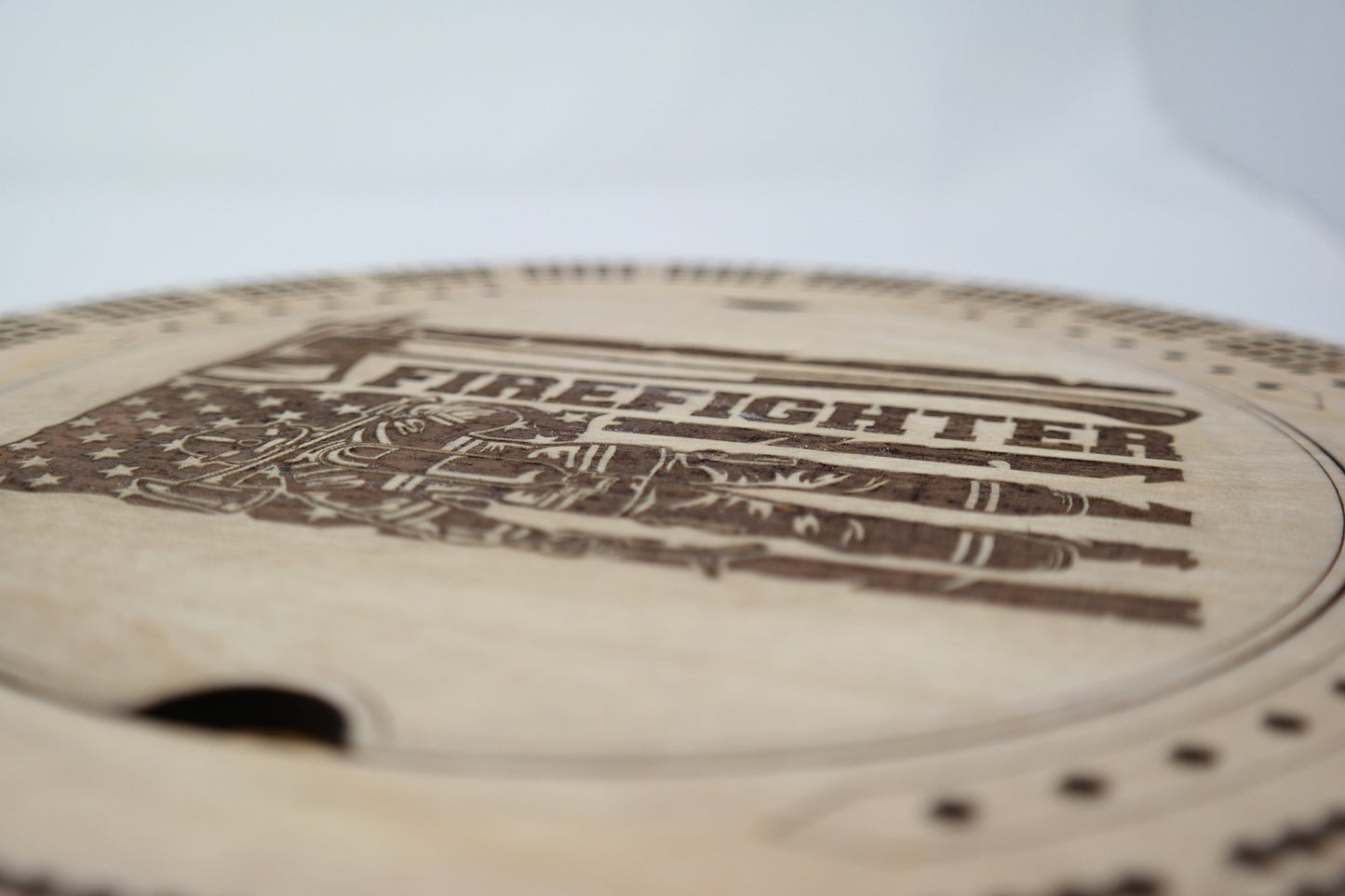 Firefighter Custom Cribbage Board with Name, Round Cribbage Board Lid, Firefighter personalized gift, Fire Flag Fireman Firefighter Gift
