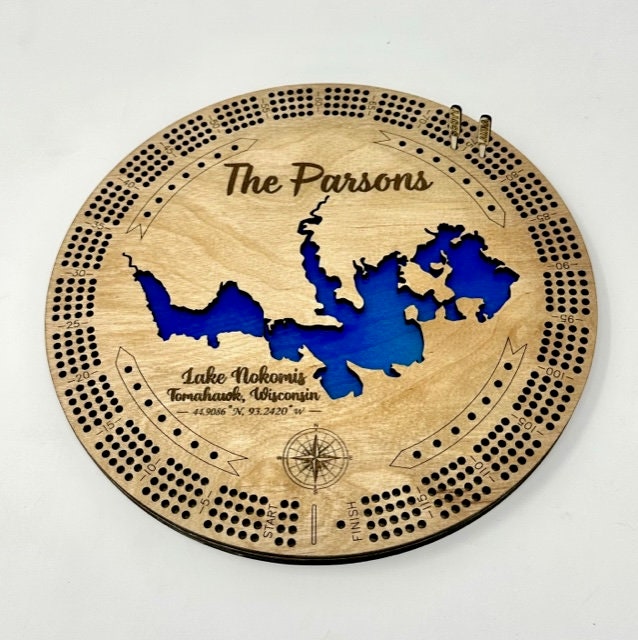 Custom Lake Cribbage Board with Name, Engraved Cribbage Board with Any Lake, 4 Track Round, Unique Cribbage Board, Custom Gift, Custom Lake