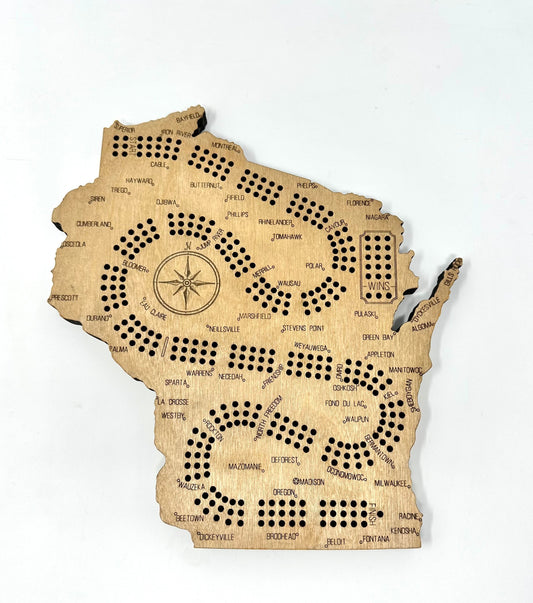 Wisconsin Shaped Cribbage Board, 3 Track Cribbage Board with Pegs, Custom Pegs, Wisconsin Map Cribbage Family Game Night Game Lover 3 Person