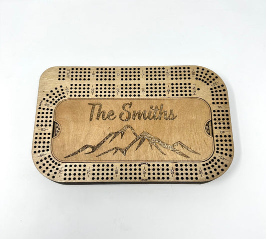 Custom Travel Size Cribbage Board With Name and storage, Engraved 4 Track Cribbage Board with Mountain with Lid, Game Board Game Lover