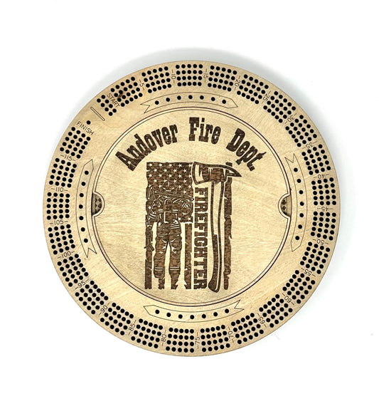 Firefighter Custom Cribbage Board with Name, Round Cribbage Board Lid, Firefighter personalized gift, Fire Flag Fireman Firefighter Gift
