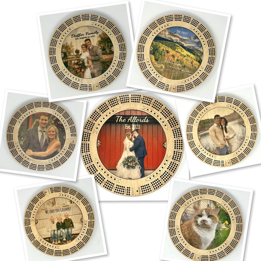 Photo Cribbage Board Gift, Logo, Personalized Round 4 Track Color Cribbage Board, Unique Cribbage, Your Design, Your Custom Image with Text