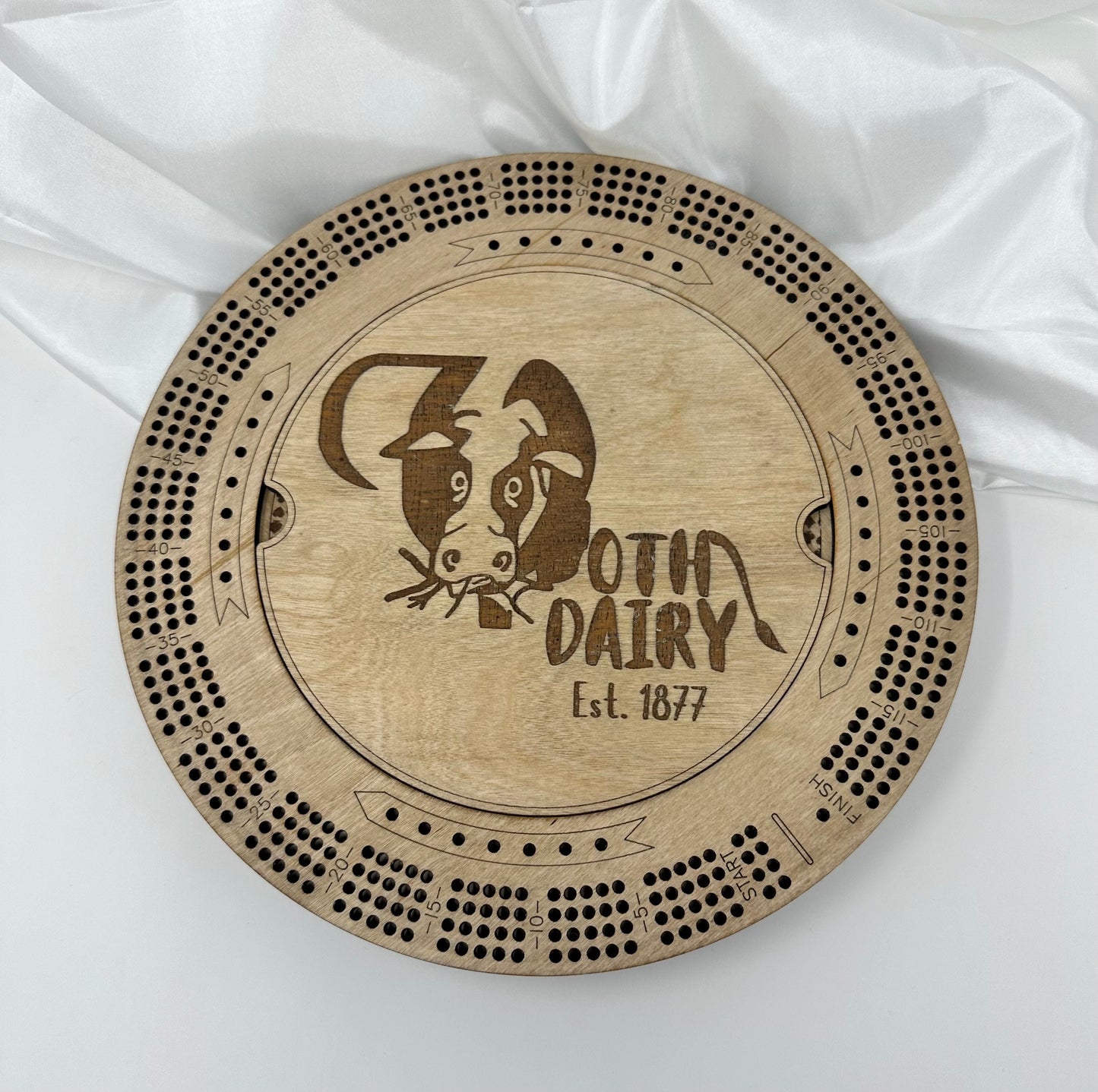 Company Logo Cribbage Board, Corporate Gift, Employee Gift Round Cribbage Board with Name, Logo, pegs, 4 Track Cribbage Board Family game