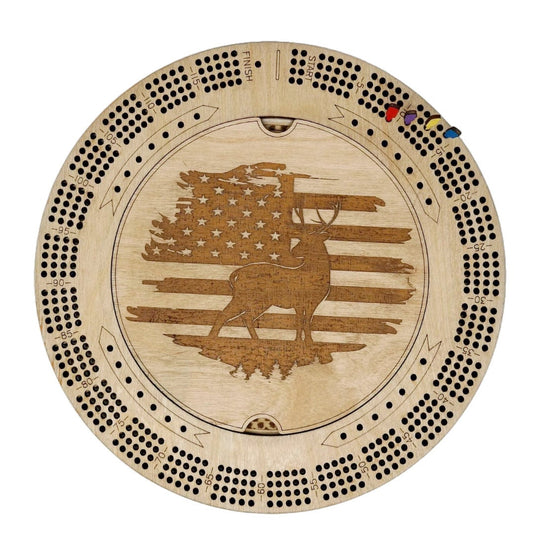 Deer with Flag Custom Cribbage Board With Name, Round Cribbage Board Pegs Engraved Hunting Flag Cribbage Board, Storage Patriotic Game Board