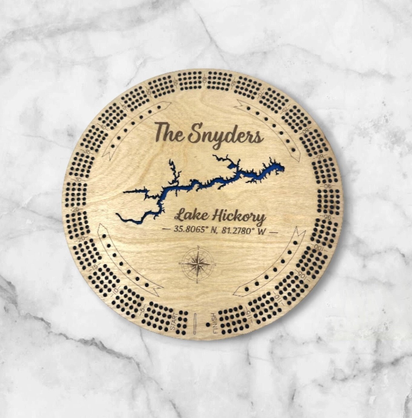Custom Lake Cribbage Board with Name, Engraved Cribbage Board with Any Lake, 4 Track Round, Unique Cribbage Board, Custom Gift, Custom Lake