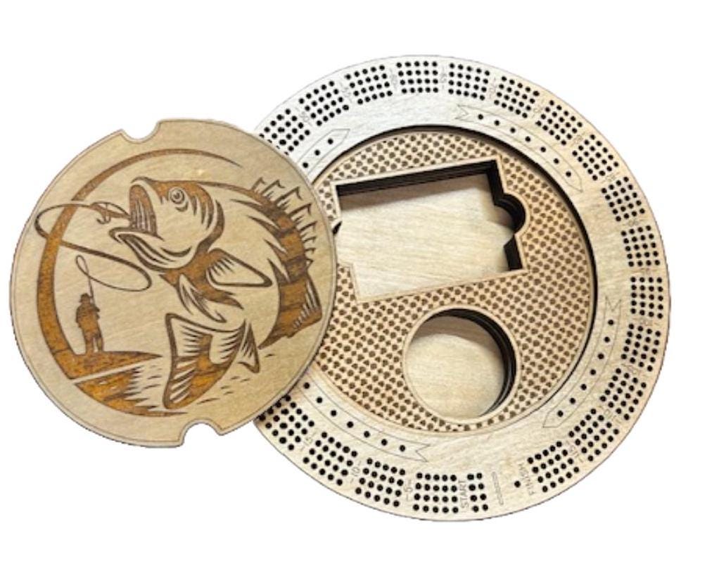 Custom Fishing Cribbage Board Fly Fishing Love to Fish Bass Fisherman Fishing Game 4 Track Cribbage with Pegs with Storage Fisherman Gift