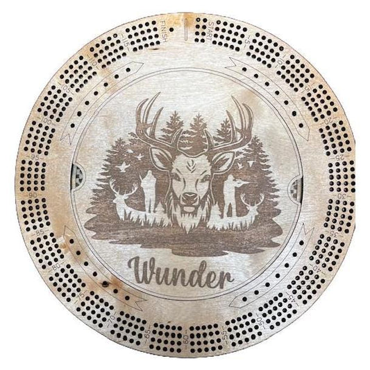 Custom Hunting Cribbage Board with Deer Buck with Name Pegs Round Board Game 4 Track Cribbage Board Game Night 4 Person Hunter Gift