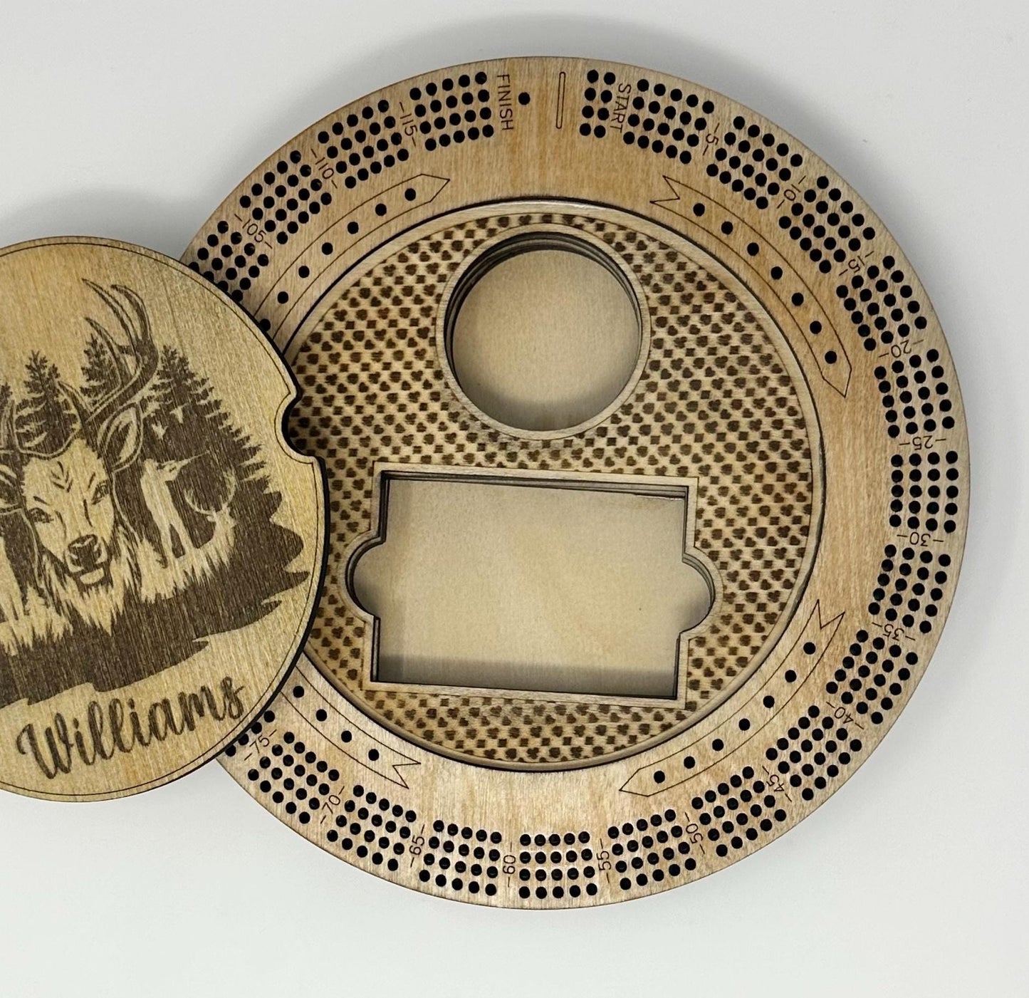 Custom Hunting Cribbage Board with Deer Buck with Name Pegs Round Board Game 4 Track Cribbage Board Game Night 4 Person Hunter Gift