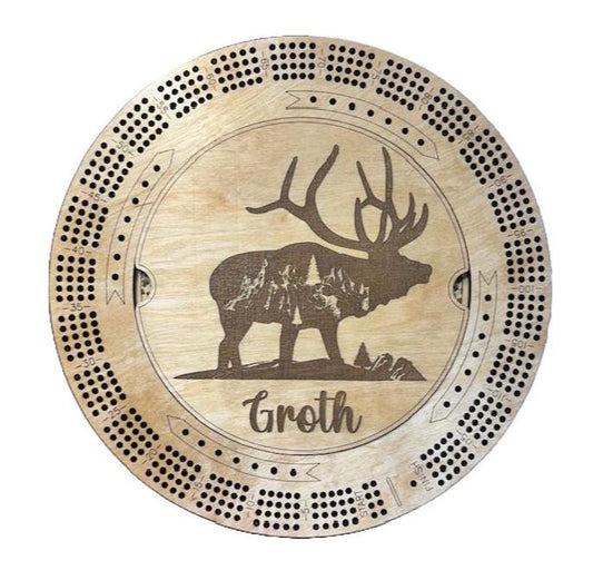 Custom Cribbage Board Moose Elk Buck Mountains Hunting Round Cribbage Board 4 Track Cribbage Board with Pegs Game Board Lover Unique Gift