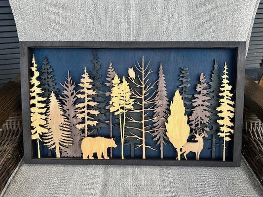 Multi Layer Wood Forest Wall Art, Trees Wildlife Wall Art, 3D Wall Decor, Unique Wall Art, Uncommon Wall Art, Art Gift, Art Lover